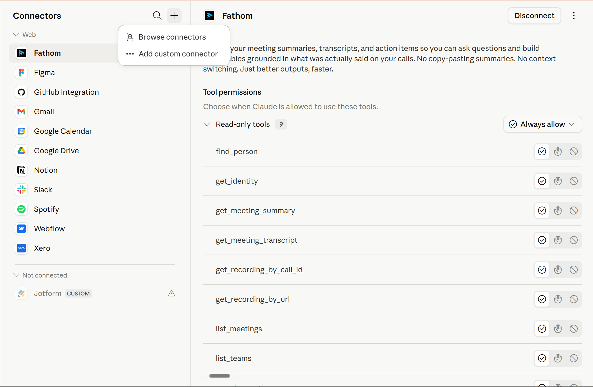 claude.ai Connectors settings — Add custom connector