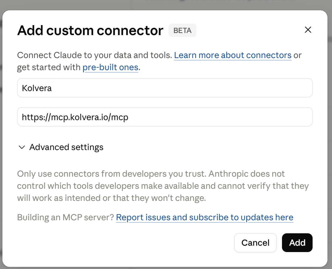 Add custom connector dialog with Kolvera and the MCP URL