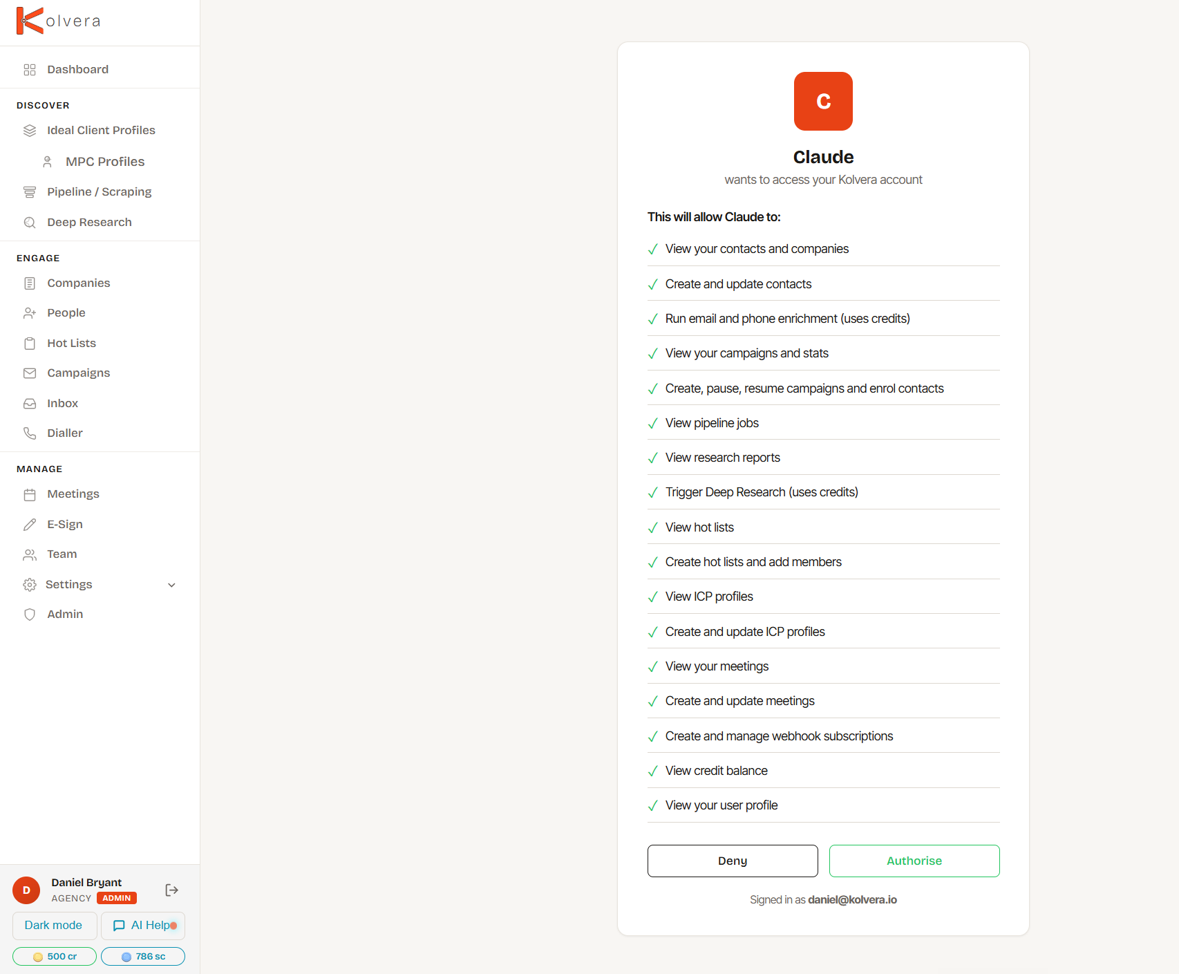 Kolvera consent screen — Authorise Claude
