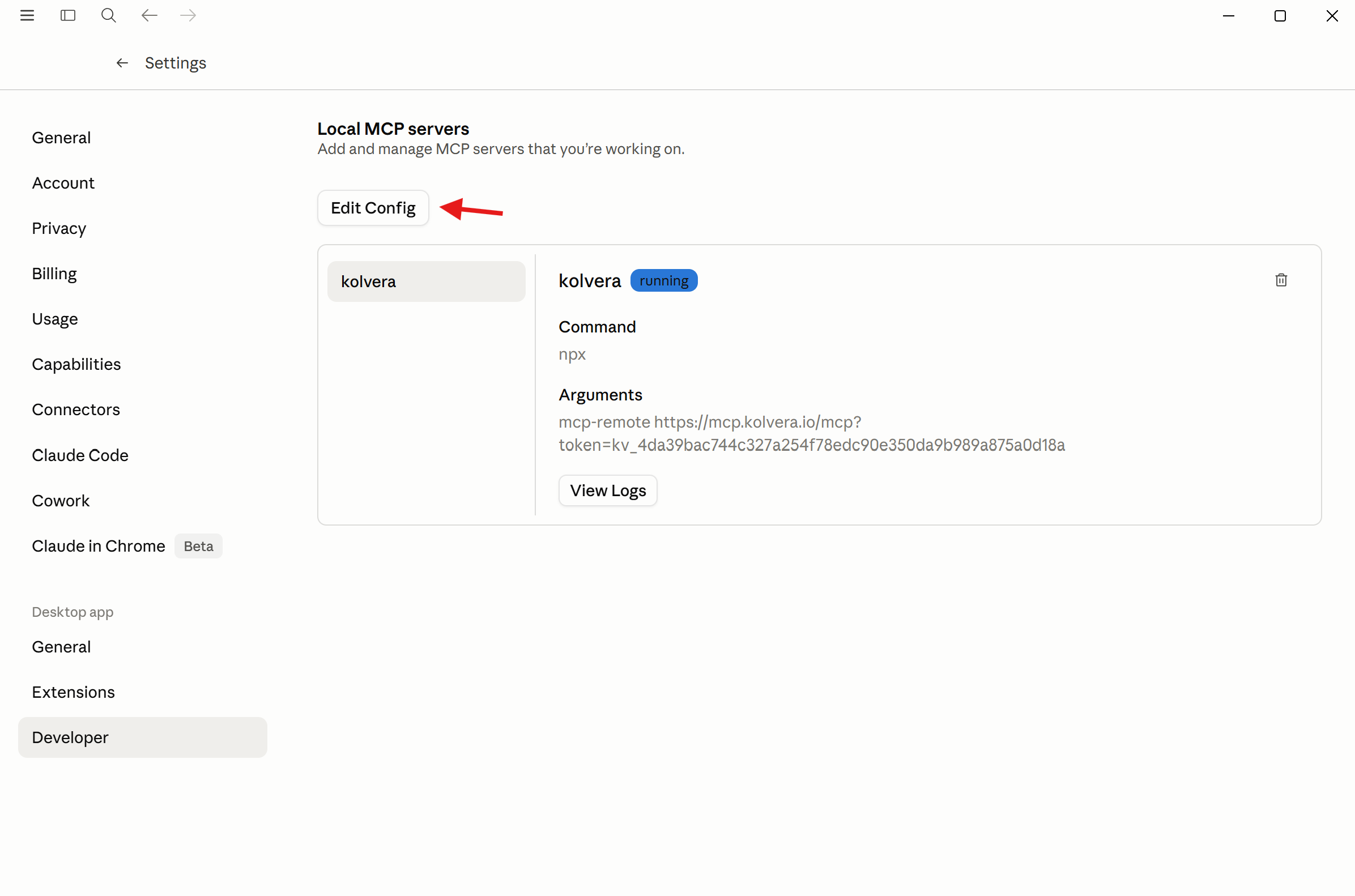 Claude Desktop Settings - Developer - Edit Config