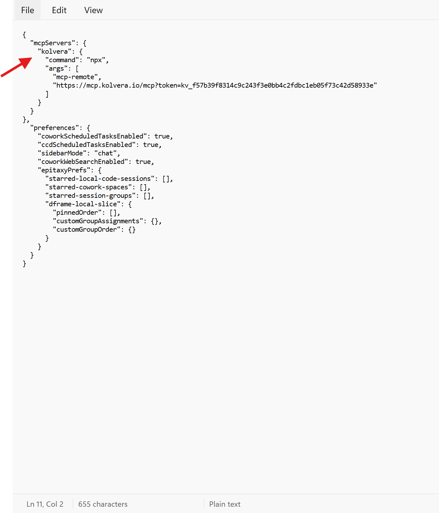 Config file with Kolvera MCP JSON pasted