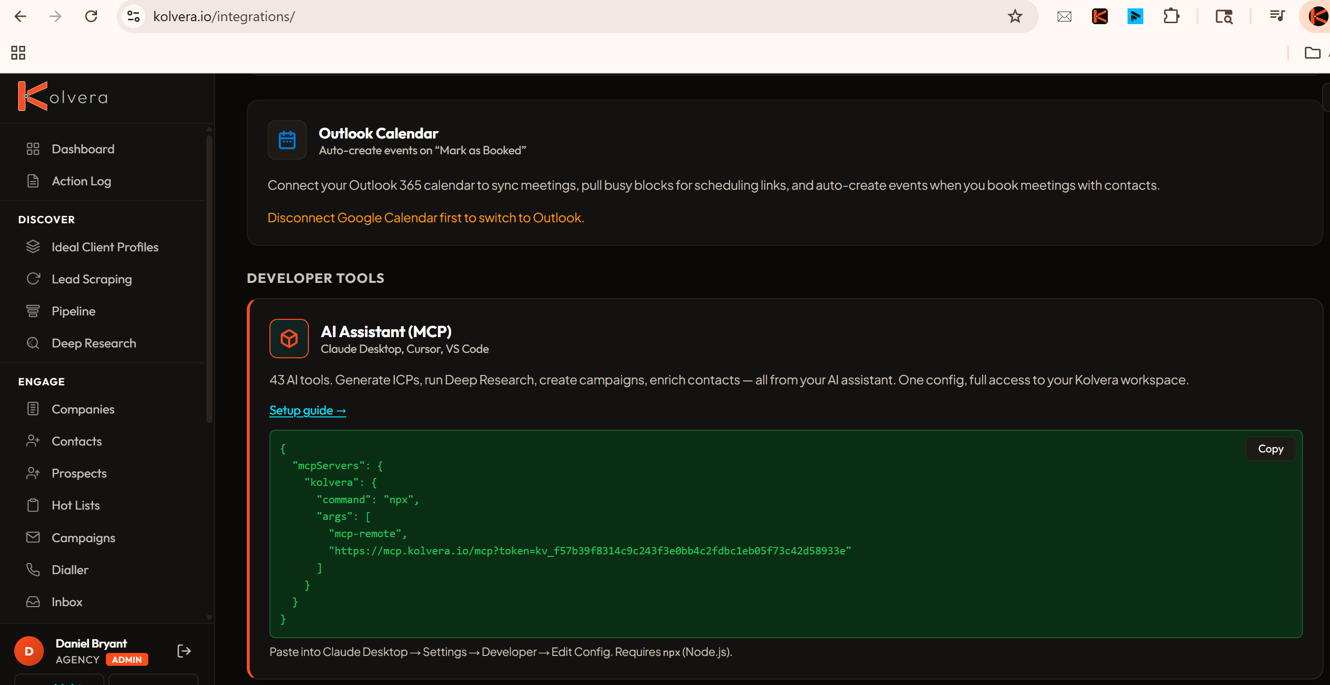 Generated MCP config with Copy button