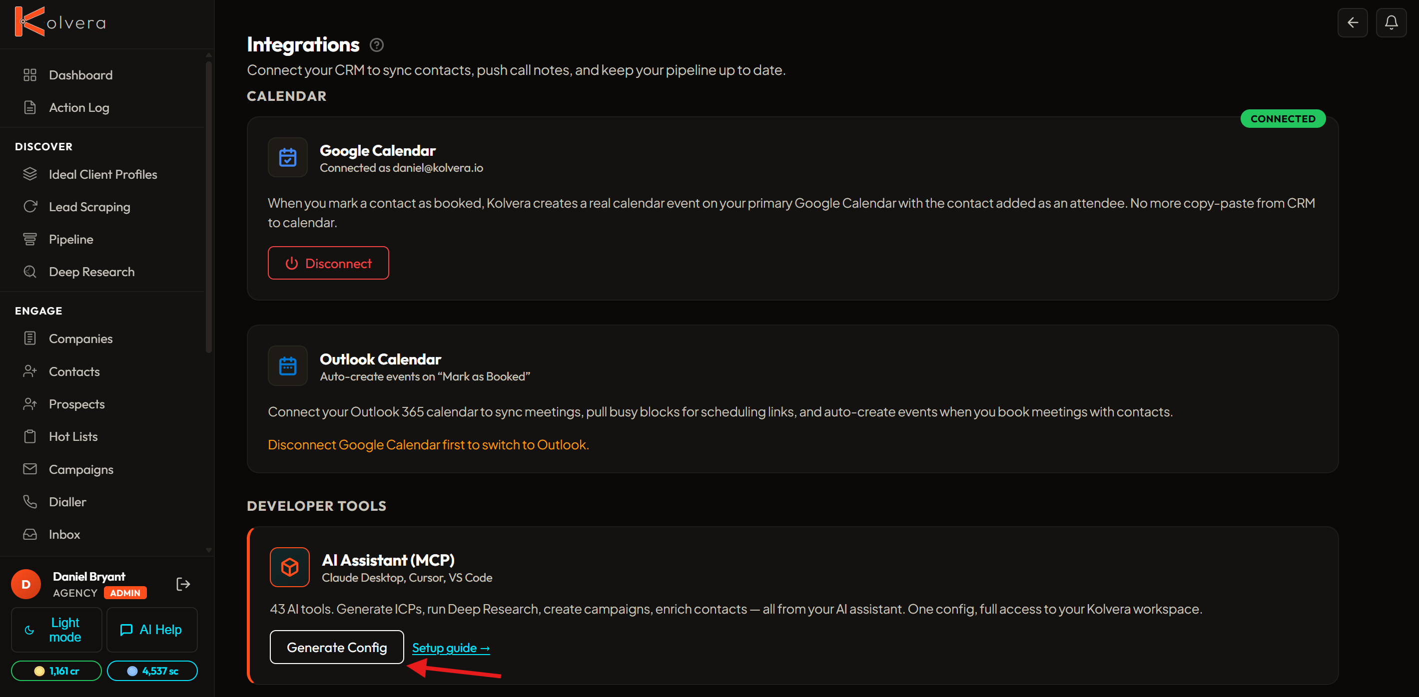 Integrations page - Generate Config button