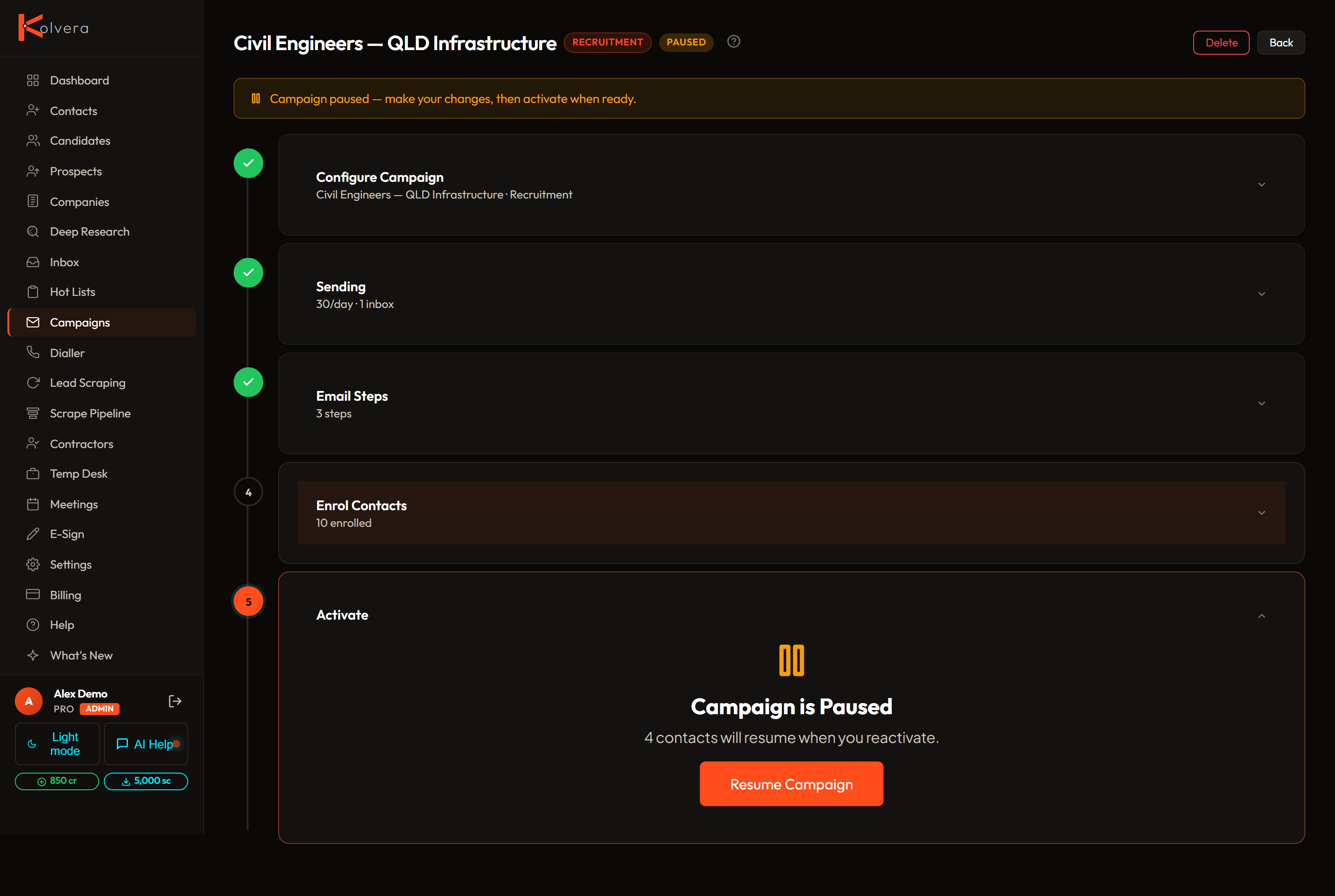 Kolvera campaign wizard — configure AI-powered email sequences