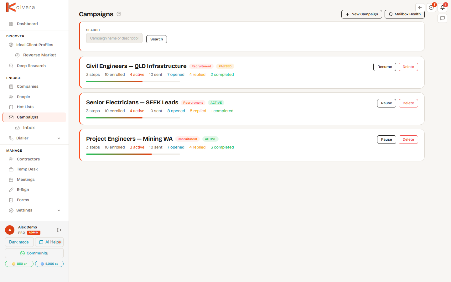 Campaign builder — AI-generated steps, A/B variants, and enrolled contacts