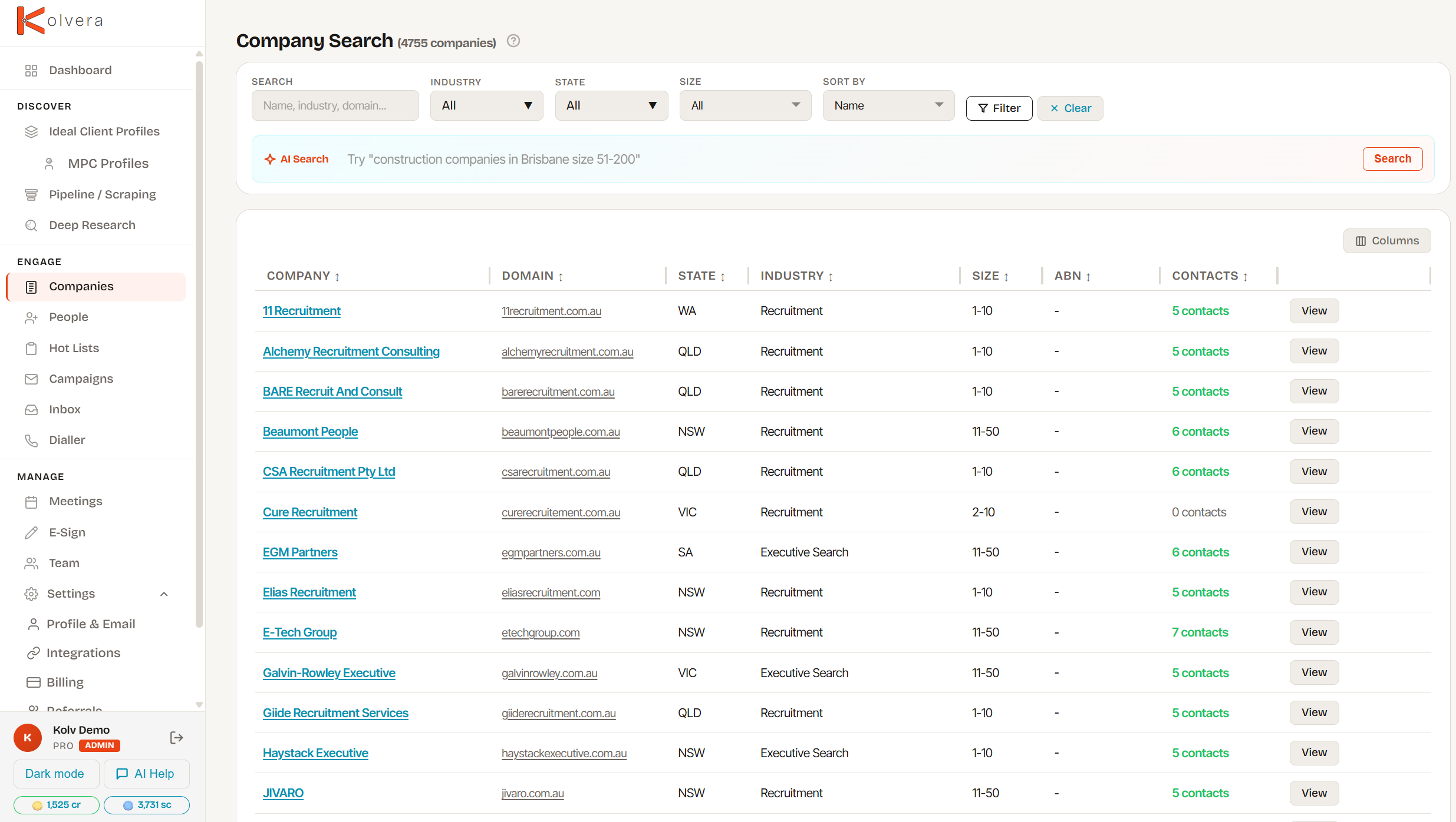 Company Search results showing Australian companies with contact counts and unlock options