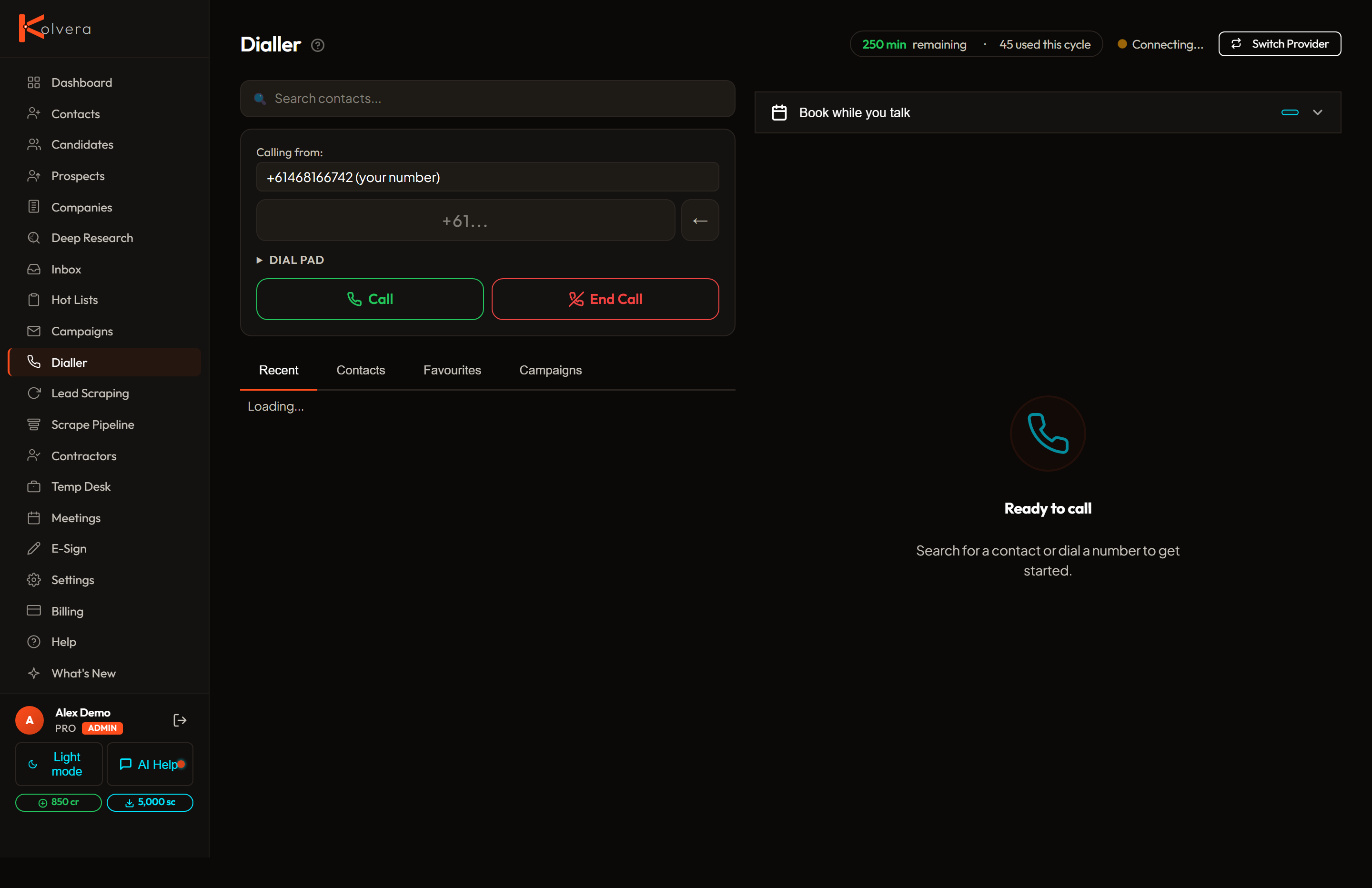 Kolvera browser dialler — live call with AI transcription and Smart Slots
