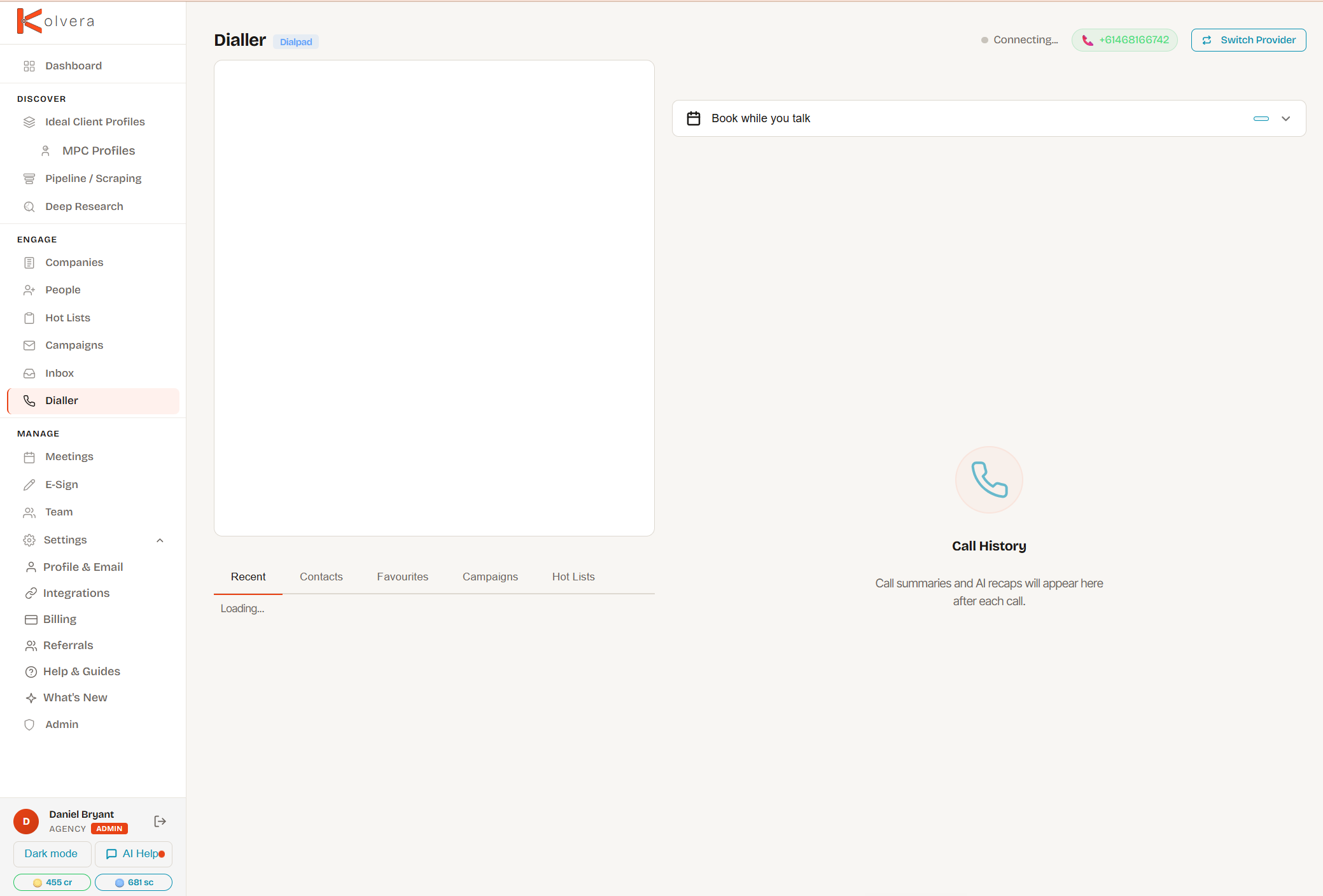 Kolvera dialler showing live transcription, AI post-call summary, and Smart Slots meeting booking panel