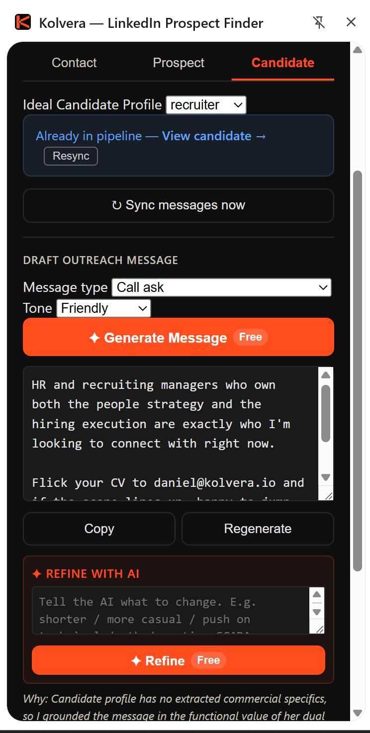 Kolvera Chrome extension — AI outreach message with refine