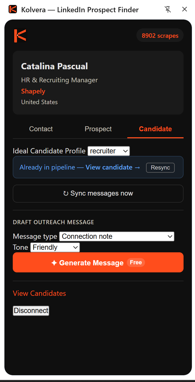 Kolvera Chrome extension — candidate tab