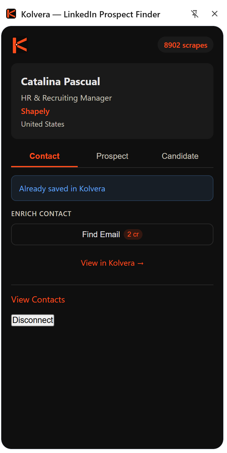 Kolvera Chrome extension — contact sidebar with Find Email