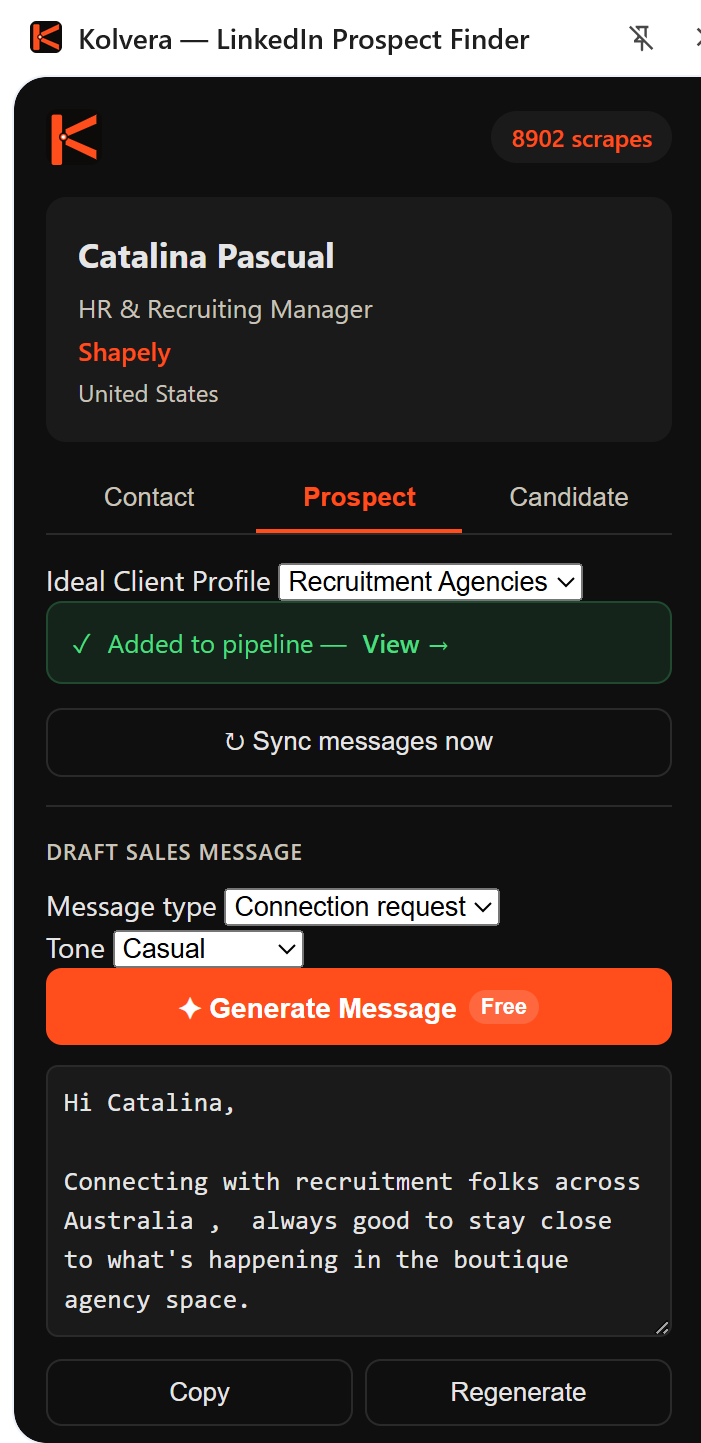 Kolvera Chrome extension — AI sales message generated
