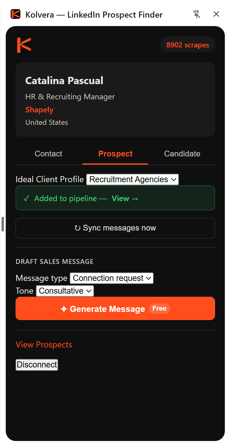 Kolvera Chrome extension — prospect tab with ICP
