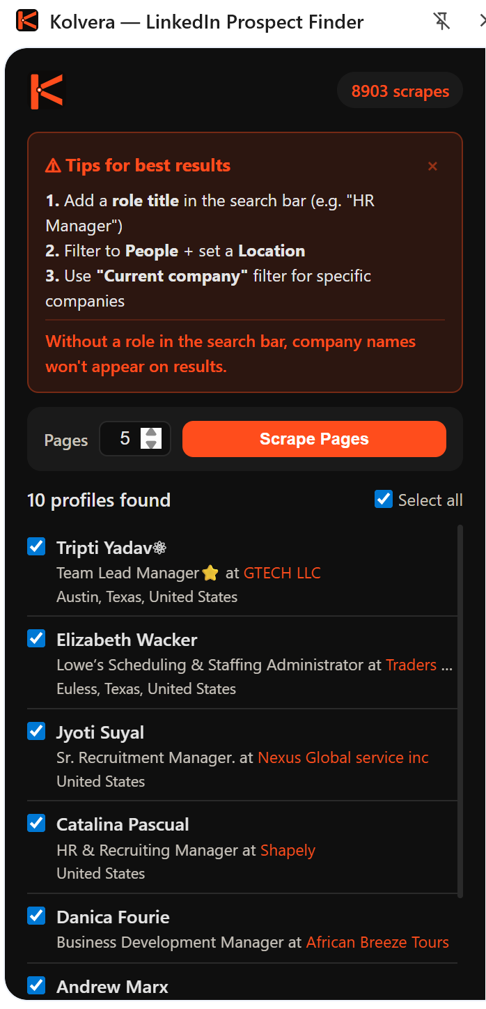 Kolvera Chrome extension — scrape LinkedIn search results