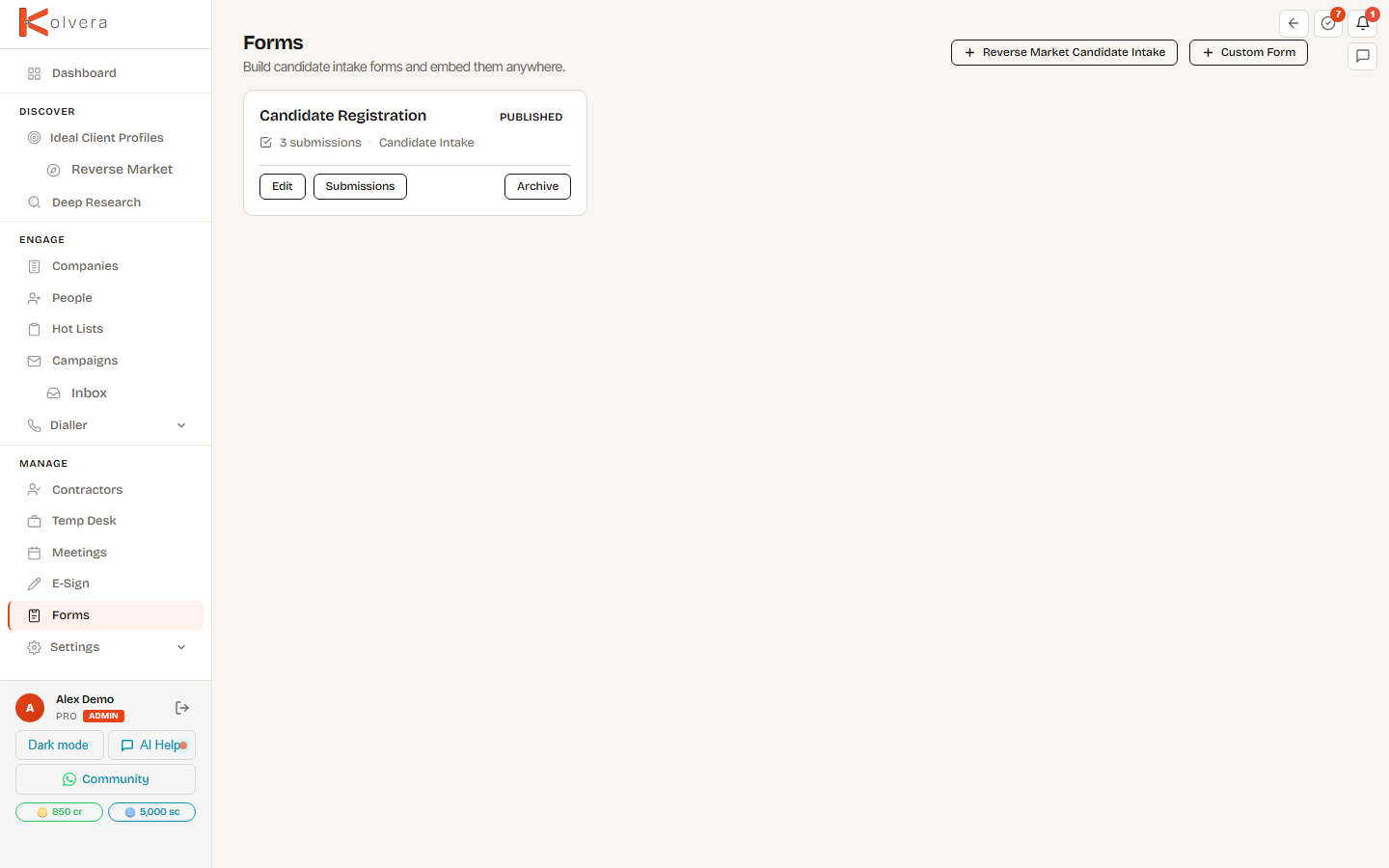 Forms — candidate registration forms list with status and submission counts