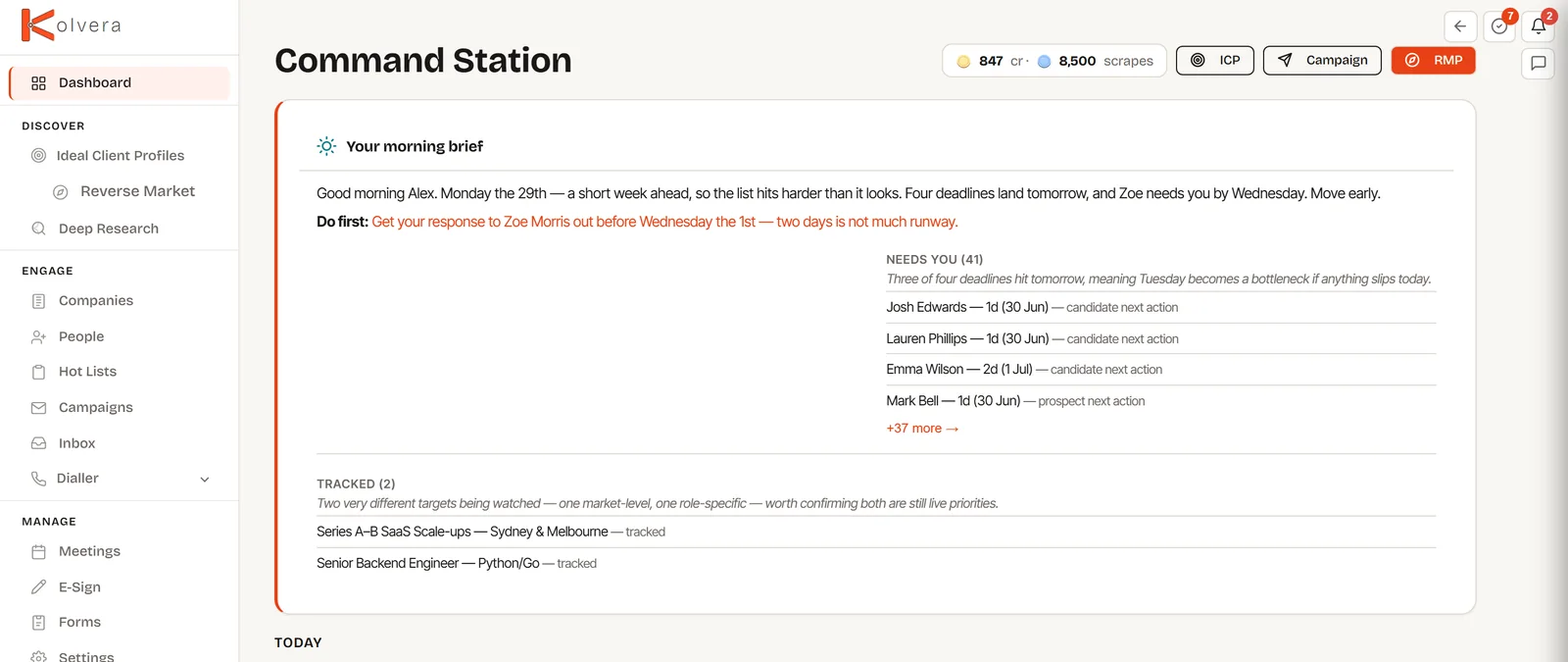 Kolvera Command Station — your AI desk, briefed every morning