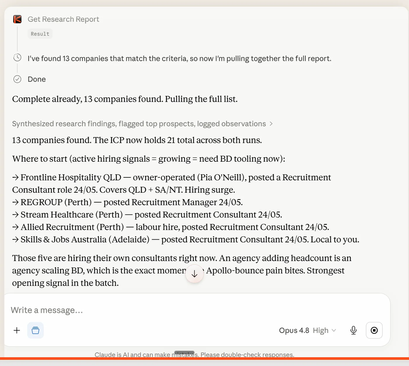 Running a Kolvera research workflow inside Claude — a plain-English request returns 13 matching AU companies ranked by hiring signal