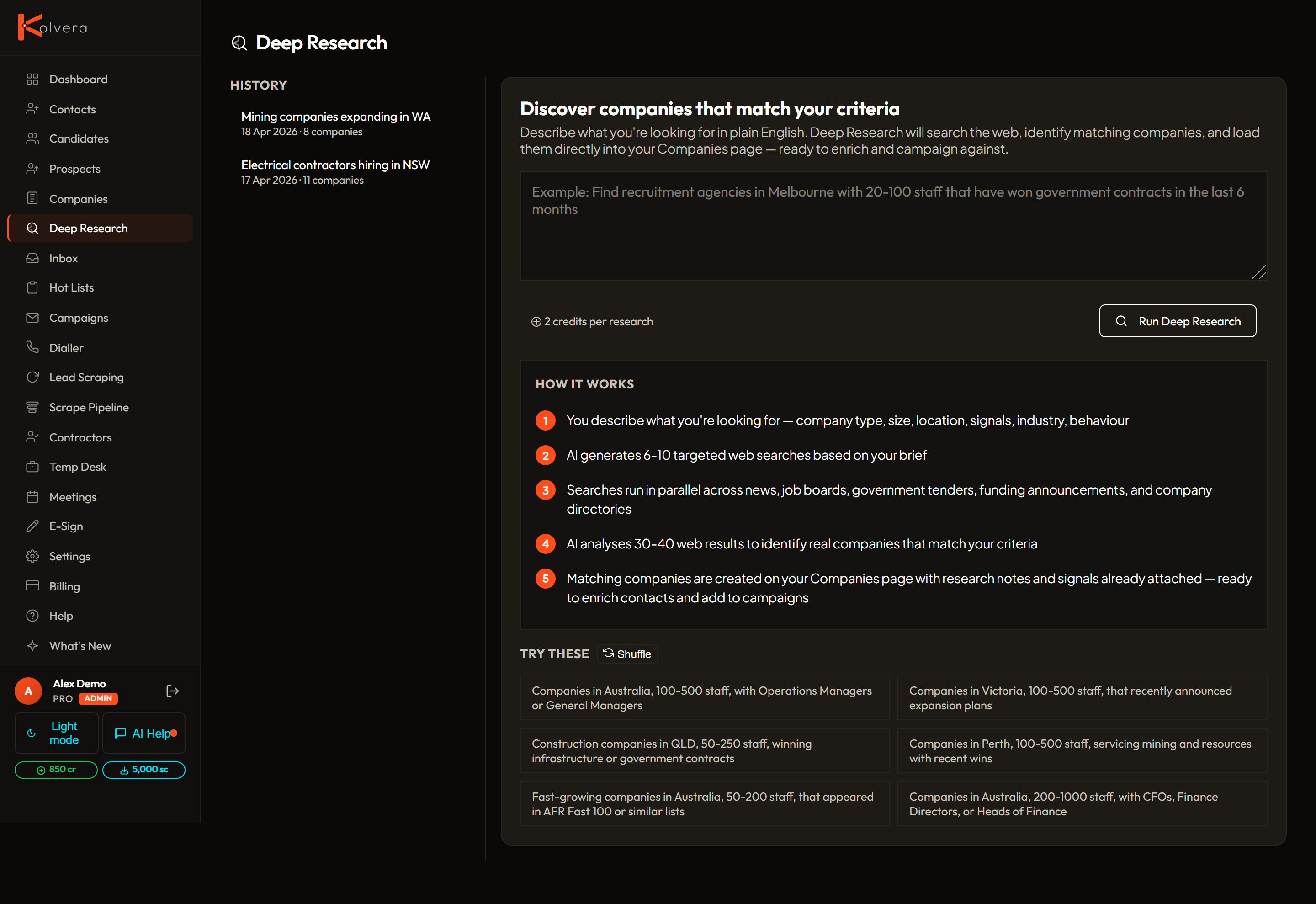Kolvera Deep Research — AI discovering companies matching your ideal client profile