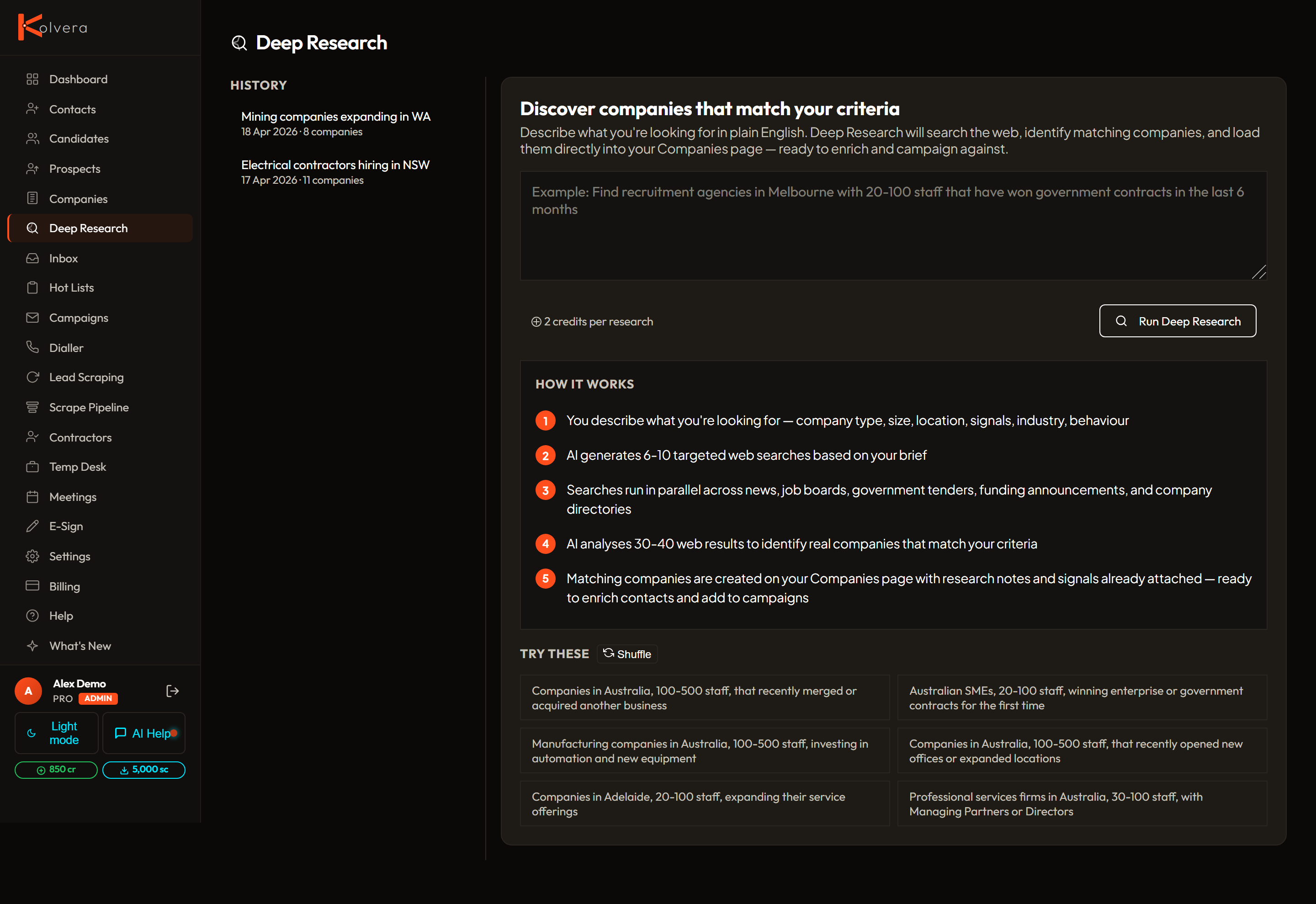 Kolvera Deep Research — AI-powered market research discovering target companies