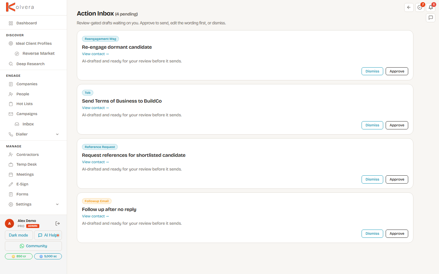 Review Queue — AI-drafted actions awaiting approval