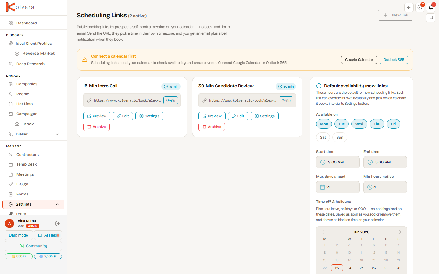 Scheduling link — public booking page with available slots and timezone detection
