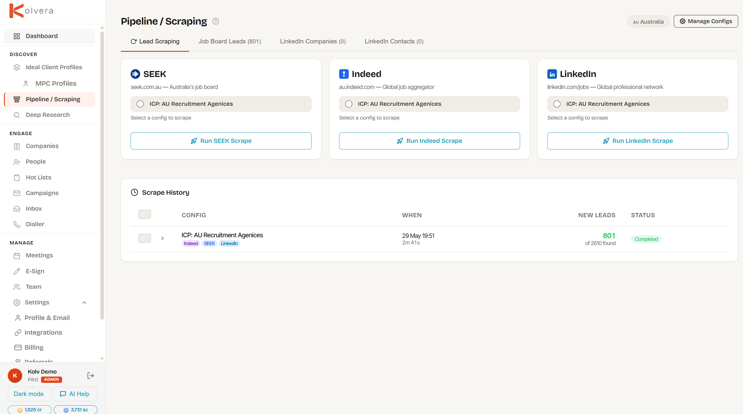 Job board scraping — SEEK, Indeed, LinkedIn source cards with scrape history