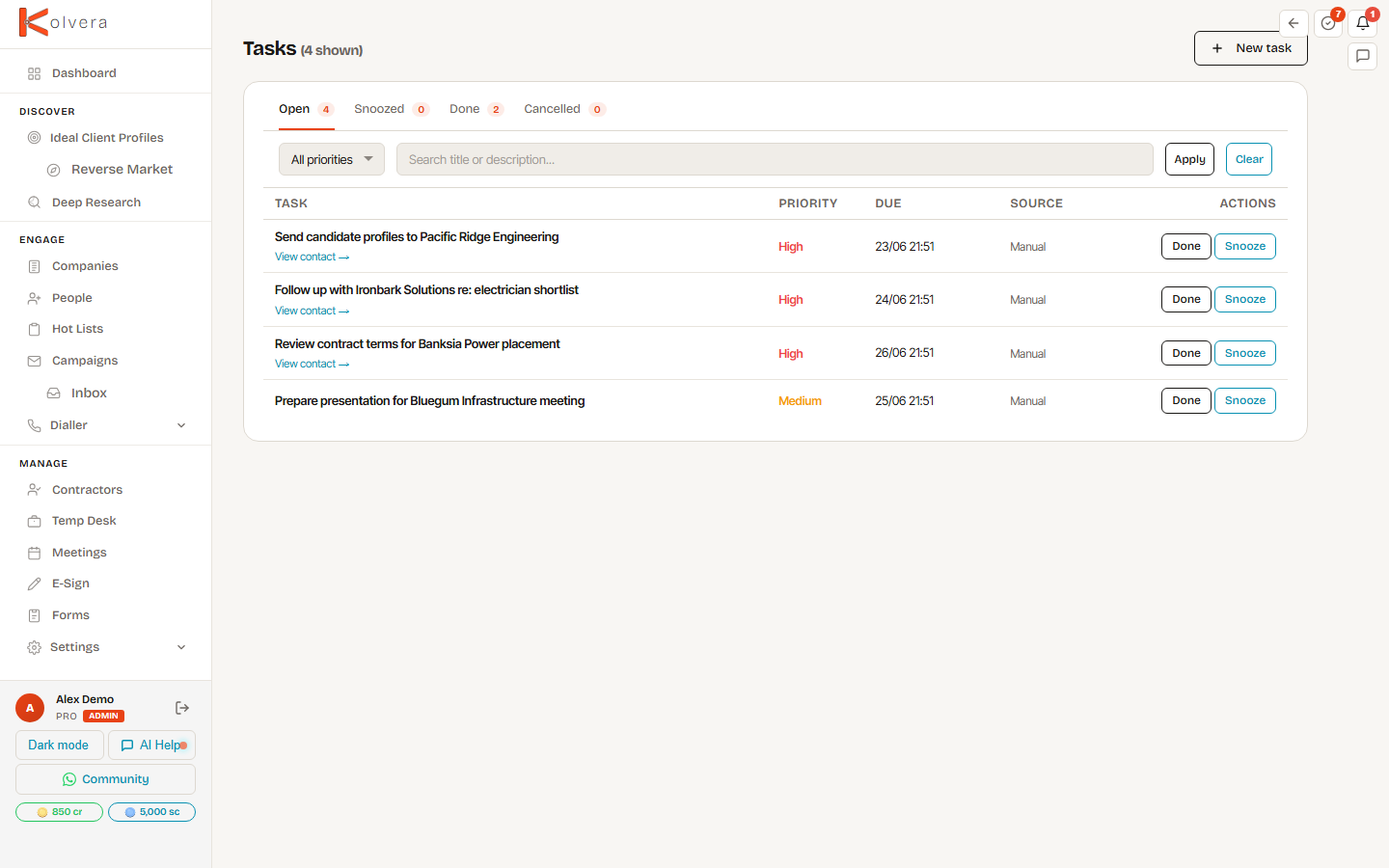 Tasks — status tabs, priority flags, due dates, and linked contacts